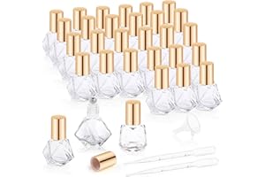 MIRRLINE 30 Pcs 8ml/0.27oz Essential Oil Roller Bottles Glass Polygonal Roller Bottles Empty Cosmetic Vials Containers with Stainless Steel Roller Balls for Travel Perfume Essential Oil, 2 Dropper, 1 Funnel
