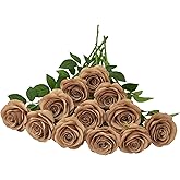 Helera 12pcs Coffee Roses Artificial Flowers Fake Roses Silk Flowers Roses with Long Stems for Wedding Home Party Centerpieces Decorations