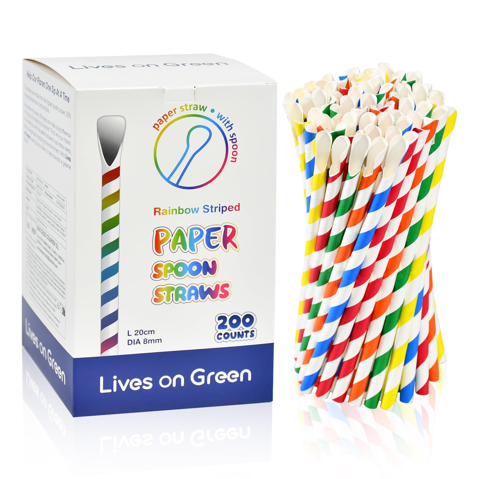 Disposable Paper Straws with Spoon, Paper Scoop Straws for Slushy, Smoothie, Milkshake, Frozen Drinks - 20.0 x 0.8 cm, Pack of 200, Colourful Stripes, Biodegradable
