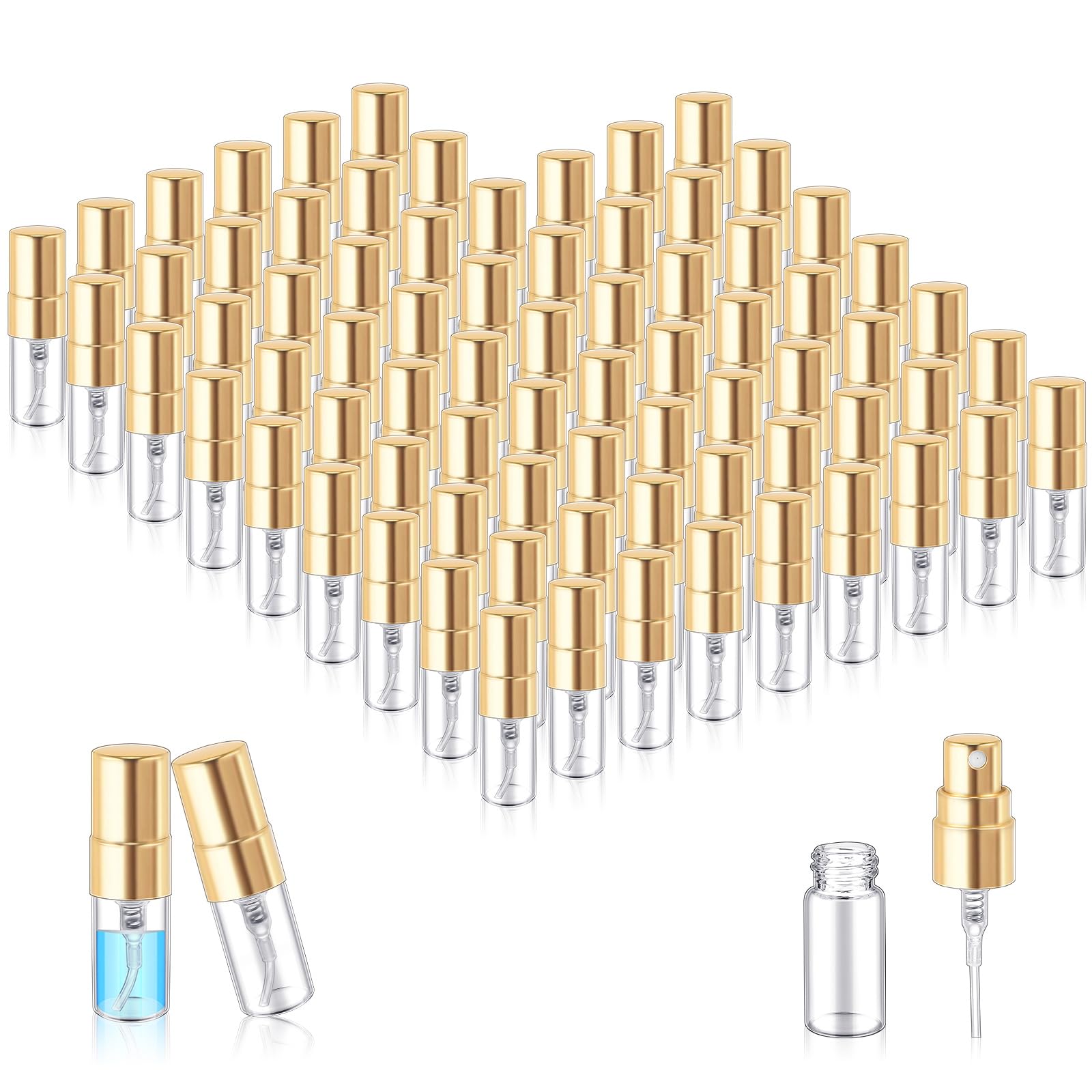 Photo 1 of Zhehao 50 Pcs Mini Spray Bottles 2 ml Clear Glass Perfume Bottles Refillable Fine Mist Perfume Atomizer Portable Empty Sample Containers for Cleaning, Essential Oils, Travel (Gold Cap)
