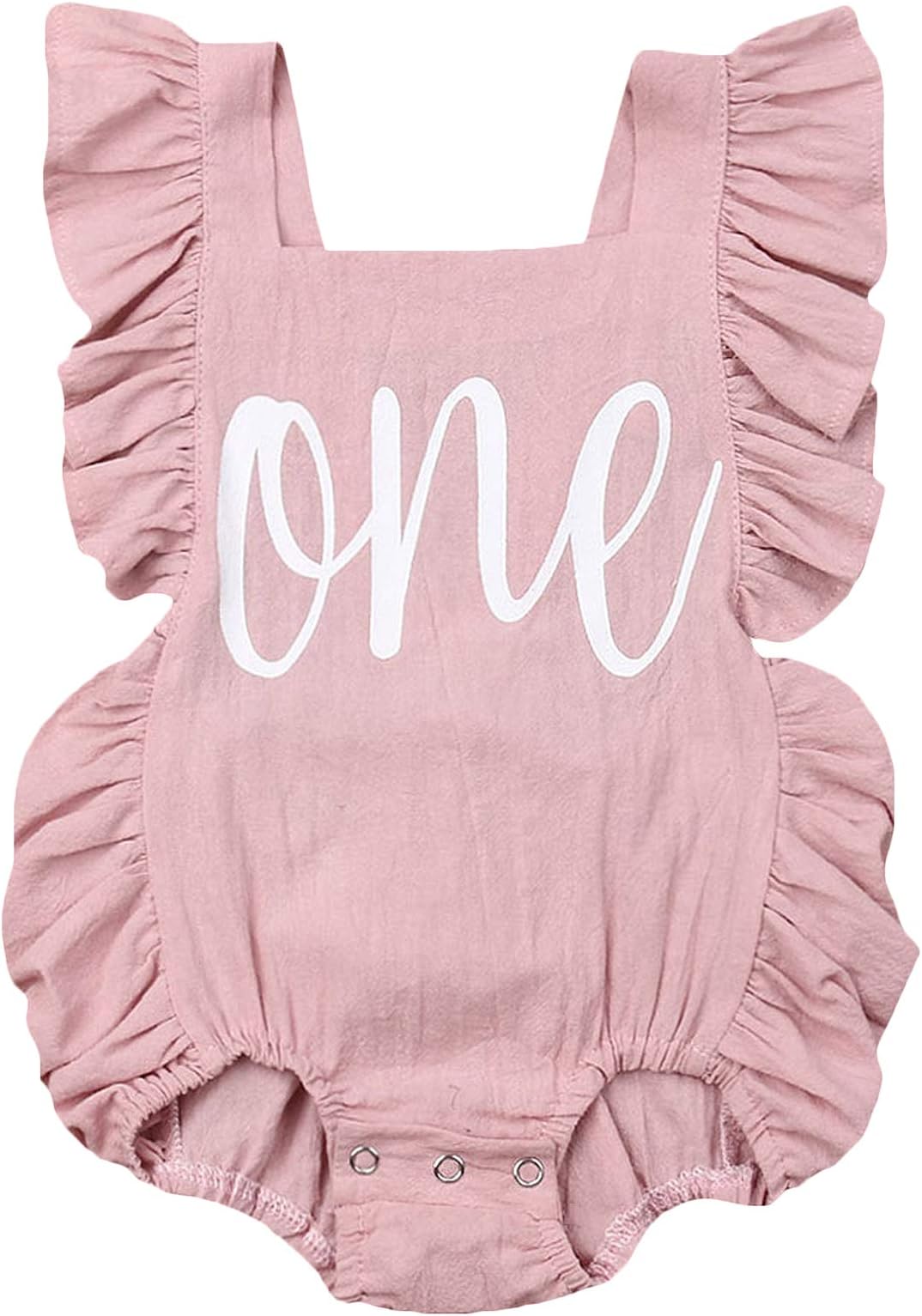 Puloru Newborn Baby Girl First Birthday Outfit Ruffle One Print Backless Jumpsuit Bodysuit