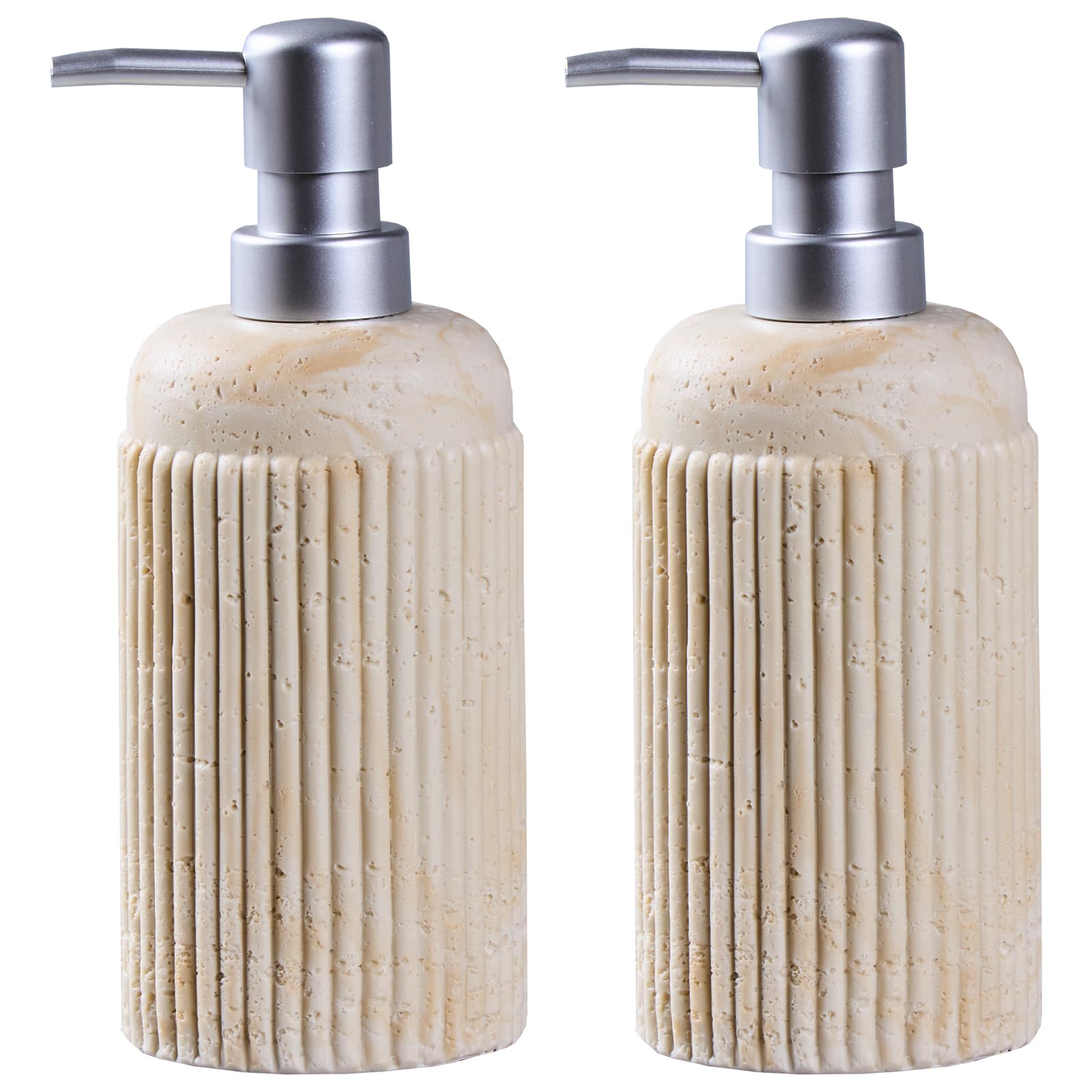 Photo 1 of 2Pcs Beige Natural Travertine Textures Hand Soap Dispenser Set, Small Bathroom Countertop Resin Liquid Soap Dispensers, Kitchen Dish Wash Soap Dispensers,Refillable Dispenser with Vertical Stripe