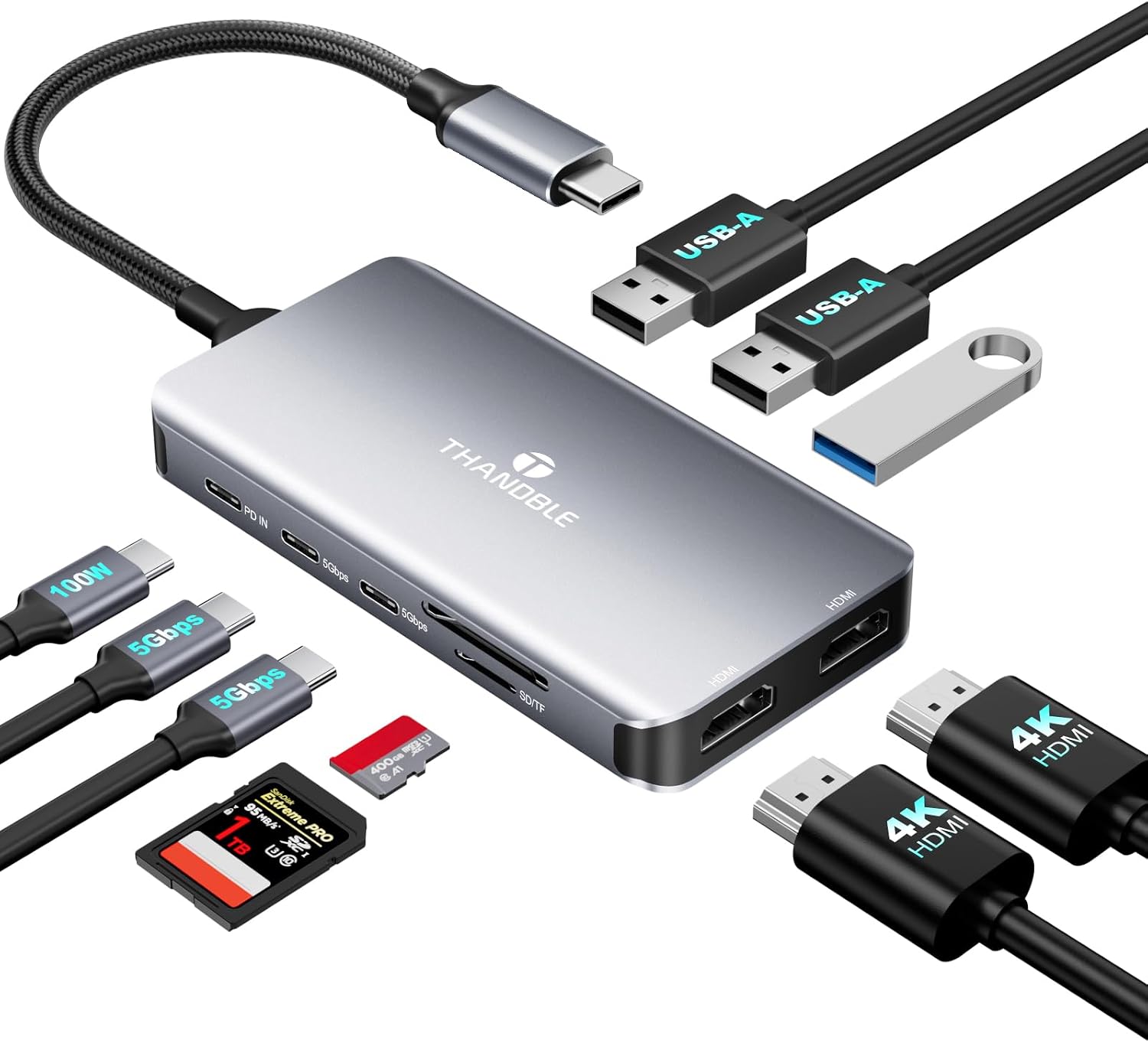 THANDBLE USB C Docking Station Dual Monitor, 10 in 1 USB C Hub Multiport Adapter, 4K HDMI Port, 100W PD, SD/Micro, USB-C 3.0, USB-A 3.0/2.0, Laptop Dock Station for Mac/HP/Dell XPS/Lenovo Laptop