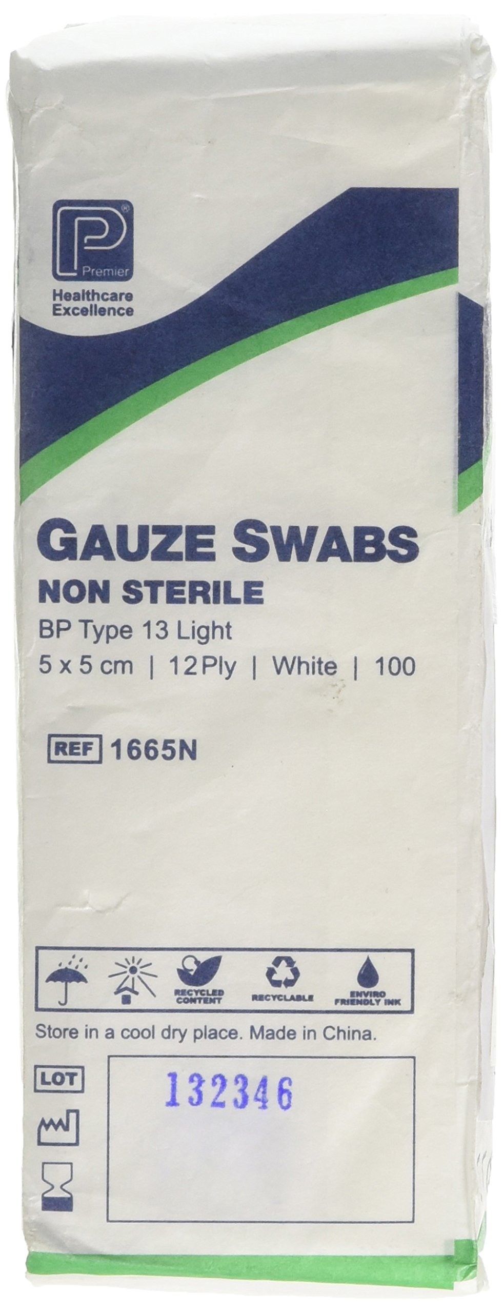 Premier 1665 Cotton Gauze Swabs 12 Ply 5 cm x 5 cm White Paperpacks (Pack of 100)