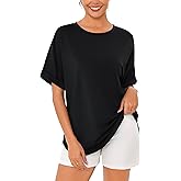 Totatuit Women Oversized Tshirts Casual Crew Neck Rolled Short Sleeve Basic Tee Shirts Cute Loose Summer Tops Workout Clothes