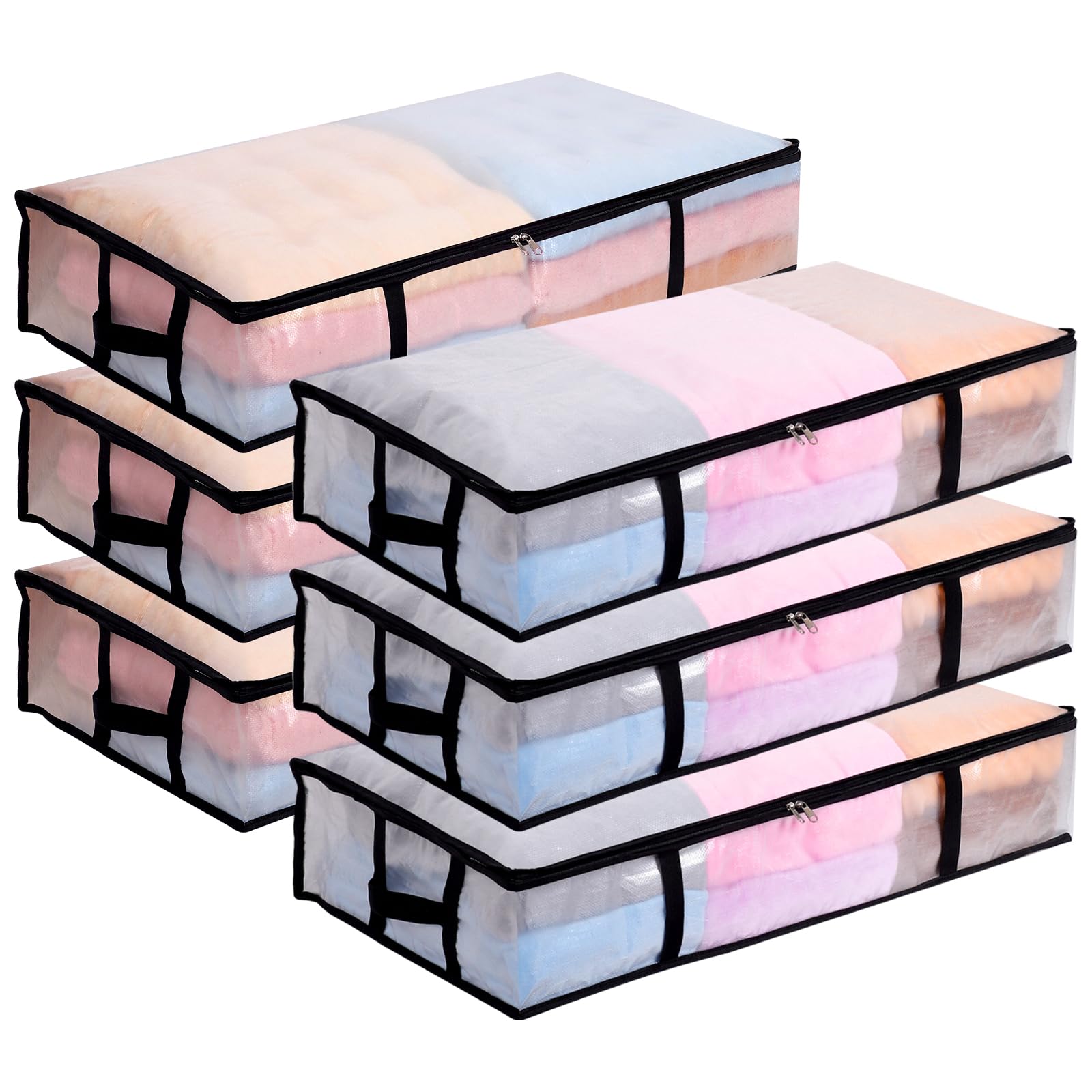 6 Pack 90L Large Under Bed Storage Bags, Clear Underbed Storage Bag with Lid Clothes Storage Bedroom Storage Under Bed Storage Organiser PP Fabric for Quilt, Blanket, Clothing, Shoes