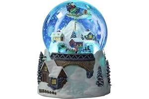 SEPTWONDER Flying Santa On The Sleigh Snow Globe with Revolving Train Crossing A Tunnel on Dimensional Winter Scene Base with LED Lighting Effects Plays Music Jingle Bells