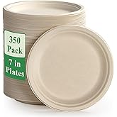 Vplus 350 Pack Paper Plates 7 inch 100% Compostable, Heavy-Duty Disposable Paper Plates Bagasse Natural Biodegradable Eco-Friendly Sugarcane