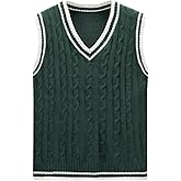 OYOANGLE Men's Cable Knit Sweater Vest Preppy Style Striped Trim V Neck Sleeveless Sweater Tops