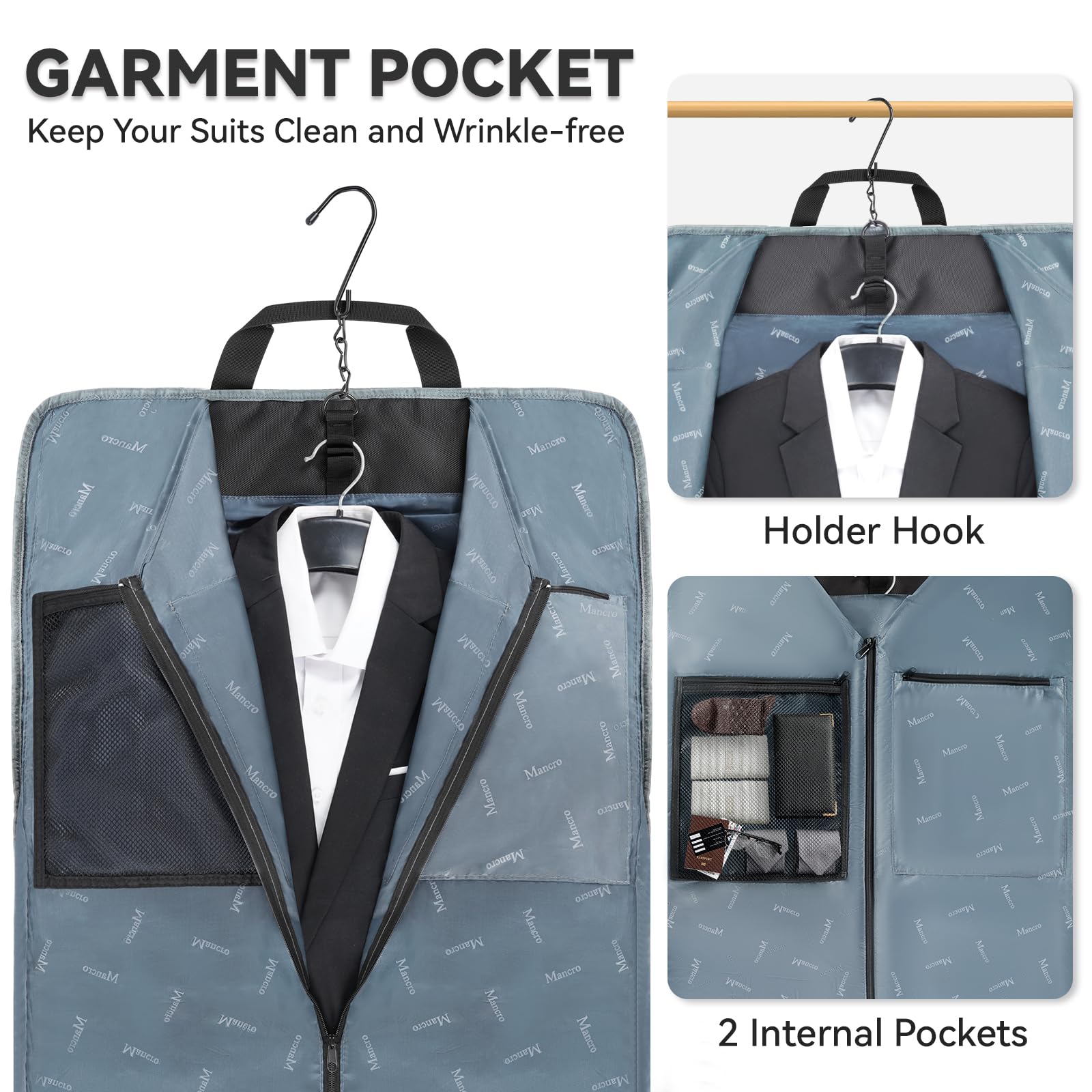 Garment Bags for Travel, Carry On Garment Bag for Business Trips with Shoulder Strap, Mancro Waterproof Foldable Luggage Hanging Suit Bags Gift for Men Women, 2 in 1 Suitcase for Coats, Suits (Black)