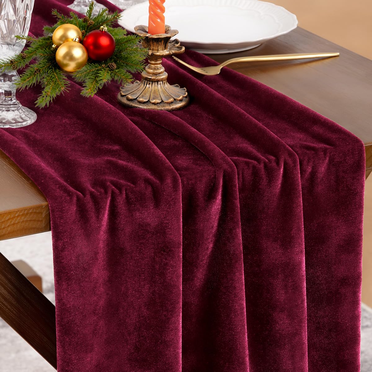 Socomi 4pcs Burgundy Red Velvet Valentine's Day Table Runner Cloth Decor 20 x 120 Inches 10ft Fabric Luxurious Thanksgiving Wedding Runner for New Year Bridal Shower Image