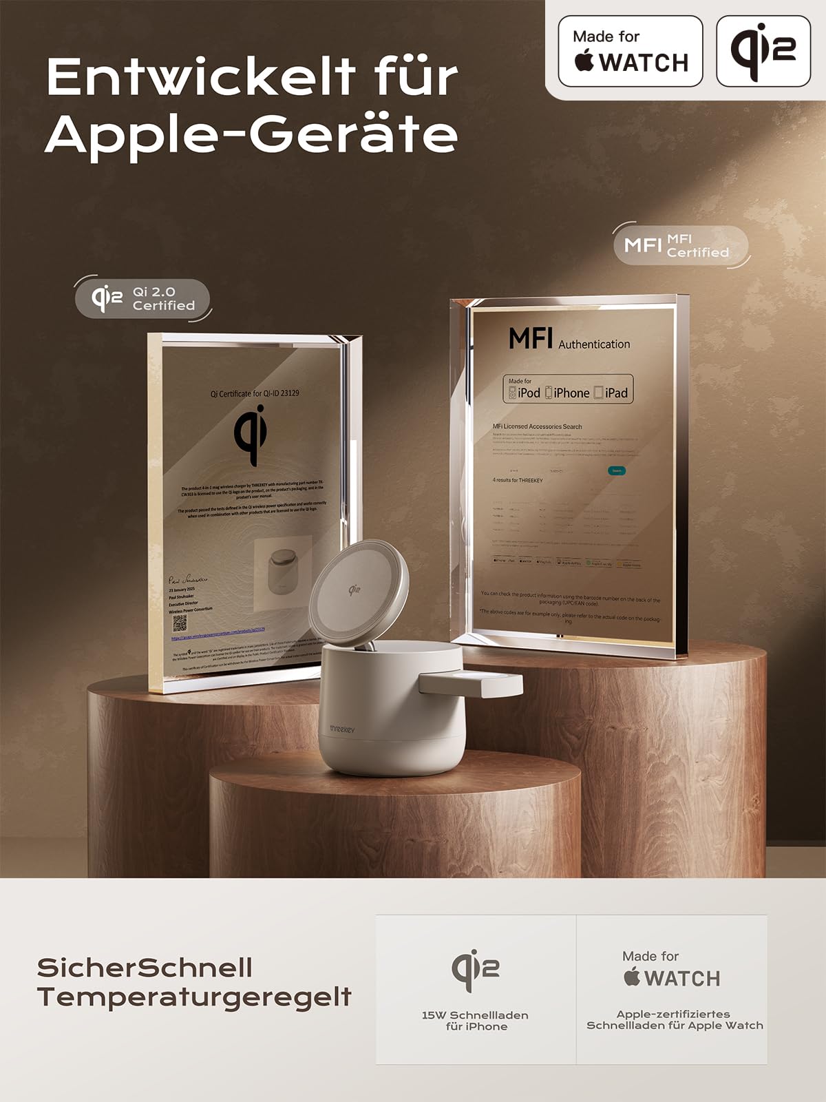 THREEKEY 4-in-1 Mag Wireless Ladestation Qi2 15W Magnet Ladegerät für iPhone 17/16/15/14/13/12 Serie, Apple Watch, AirPods, iPad, Magnetic Ladestation mit 65W Ladegerät im Lieferumfang enthalten 4