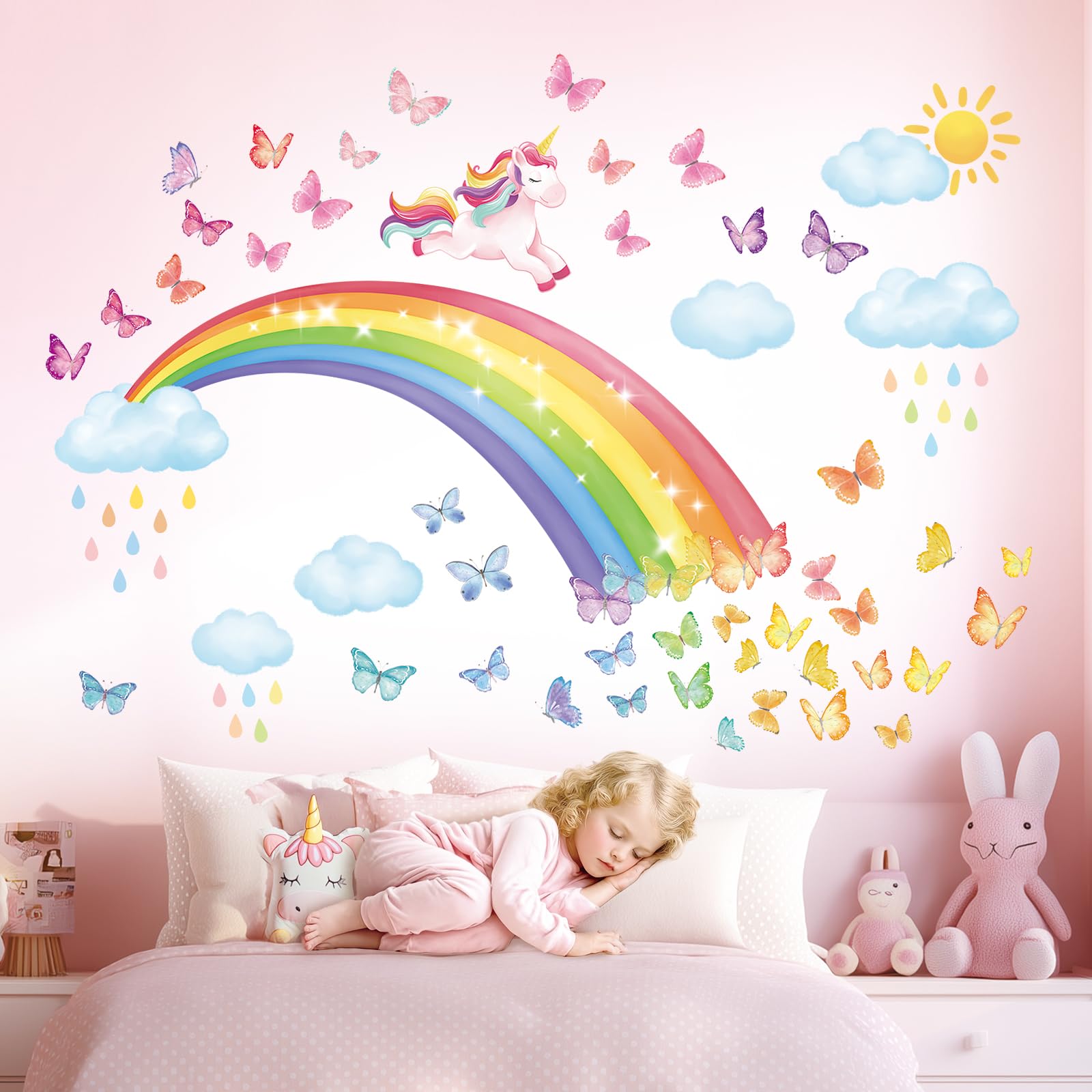 DECOWALL SG2-2309 Rainbow Wall Decals Unicorn Rainbow Butterflies Clouds Wall Stickers Baby Nursery Girls Bedroom Living Room Wall Décor