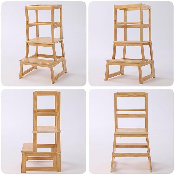 KITCHEN STEP STOOL FOR KIDS WITH SAFETY RAIL,TODDLER STANDING TOWER FOR KITCHEN COUNTER, BABY MONTESSORI STOOL,SOLID WOOD CONSTRUCTION,NATURAL