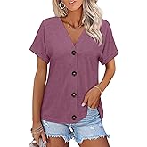 ORANDESIGNE Women's Short Sleeve V Neck Tops Casual Button Down Summer T Shirts Basic Ladies Tees