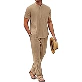 COOFANDY Mens 2 Pieces Cotton Linen Sets Short Sleeve Casual Henley Shirt Summer Beach Pants Lounge Vacation Outfits Set