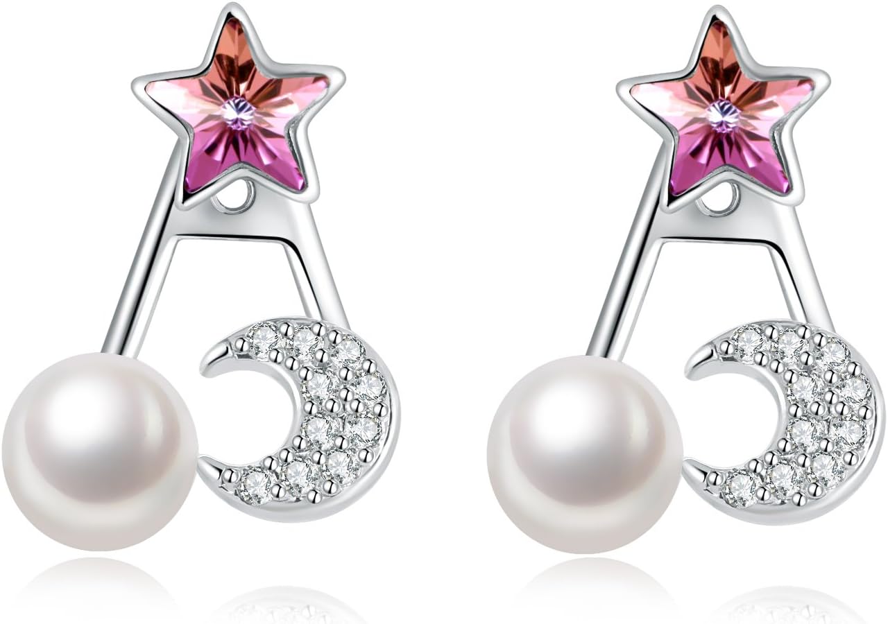 DRMglory Pearl Zircon Stud Earrings for Women with Crystals From Swarovski,Flower Moon Star Earrigs,Jewellery for women,Gifts for girlfriend