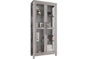 BELLEZE Glass Display Cabinet, Tall Curio Cabinet with Tempered Glass Doors for Living Room, Trophy Display Case - Avalon (Gray Wash)