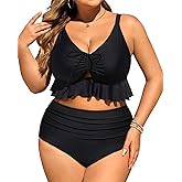 Daci Women Plus Size Two Piece Swimsuits - High Waisted Bikini Set Ruffle Tummy Control Bathing Suits with Bottom