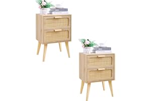YAUKOMEL Rattan Nightstand Set of 2, Wood End Table, Side Table with 2 Hand Made Rattan Decorated Drawers,Boho Bedside Table,