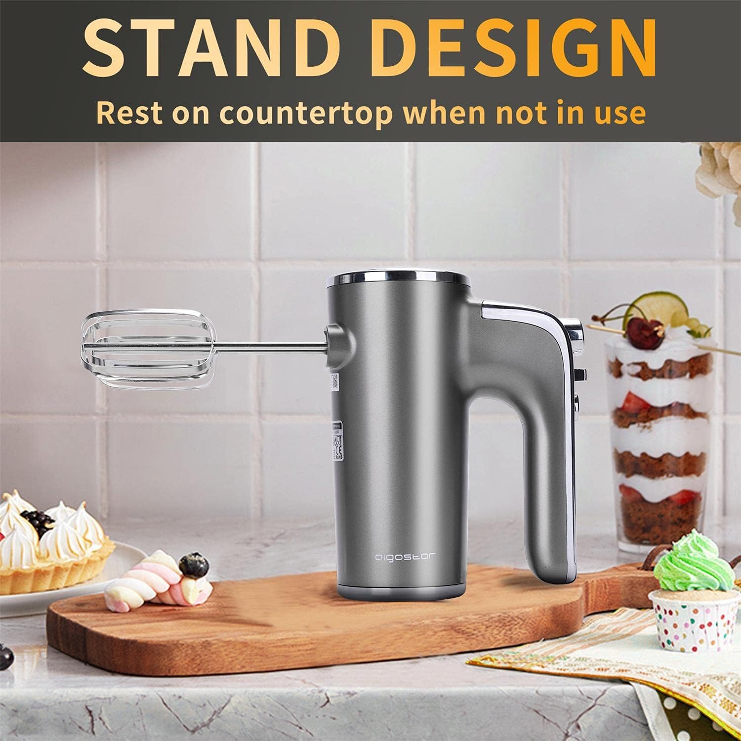 Aigostar Handmixer Elektrischer, 400 W Ultra Power Mixer Handrührer mit 1 Aufbewahrungshalterung, 5 Geschwindigkeiten, Turbo Boost, 2 Schneebesen und 2 Knethaken, für Eier, Teig, Kuchen.Adela 9