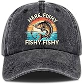 Here Fishy Fishy,Funny Baseball Cap,Fishing Baseball Cap,Gifts for Fishing Lover,Funny Vintage Cotton Washed Baseball Caps,One Size Black