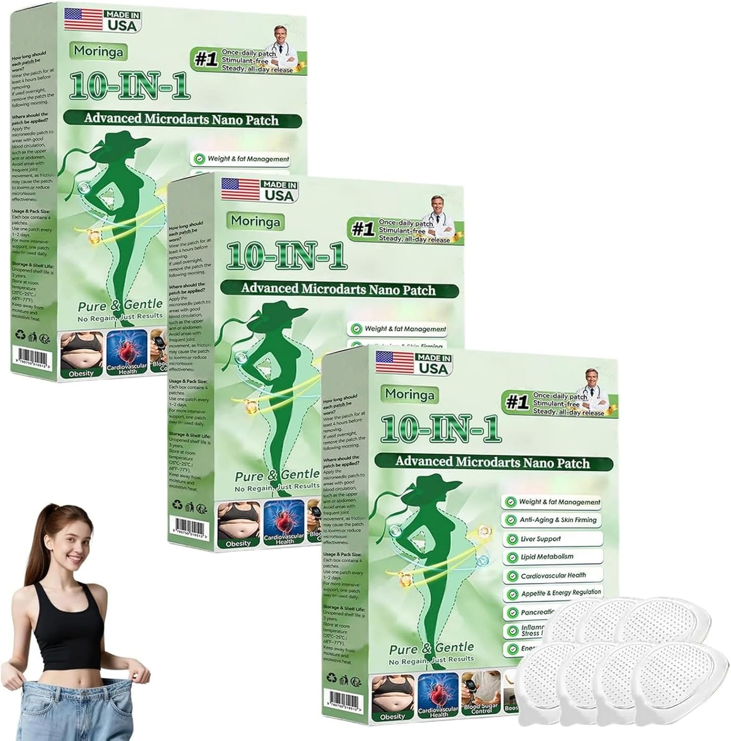 Moringa Berberine Patches, Moringa Berberine X Nad Patches, 2026 New Professional Moringas 10-In-1 Nano Microdarts Patch, Suitable For All Skin Types, Gentle Non-Irritating Design (3 PCS)