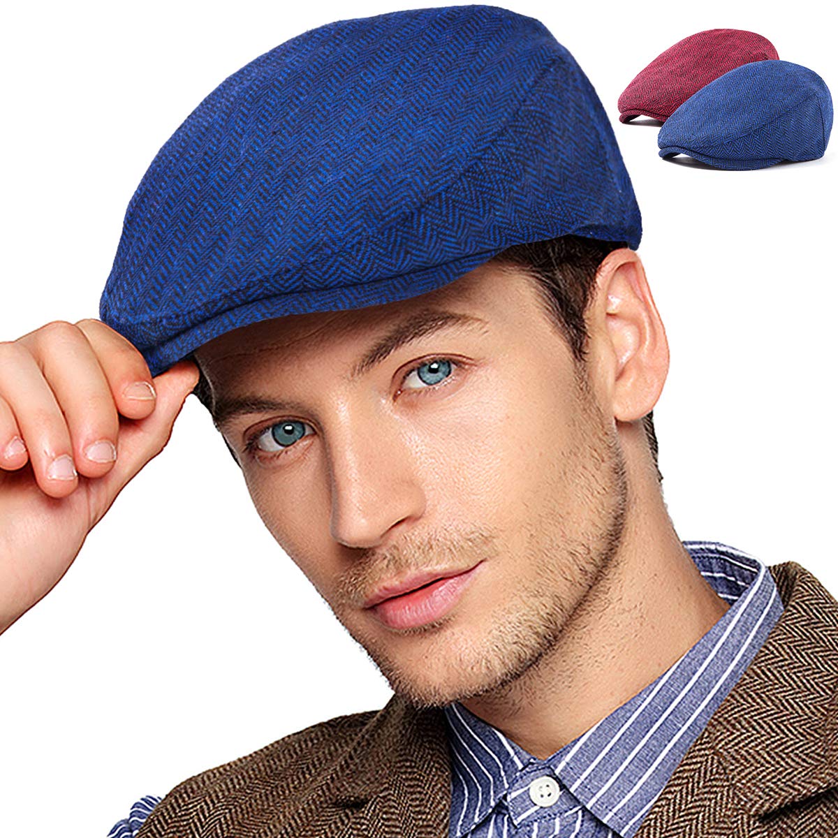 Photo 1 of 2 Pack Newsboy Hat for Men Classic Herringbone Tweed Cap (Blue+Red, L/XL, 7 5/8)