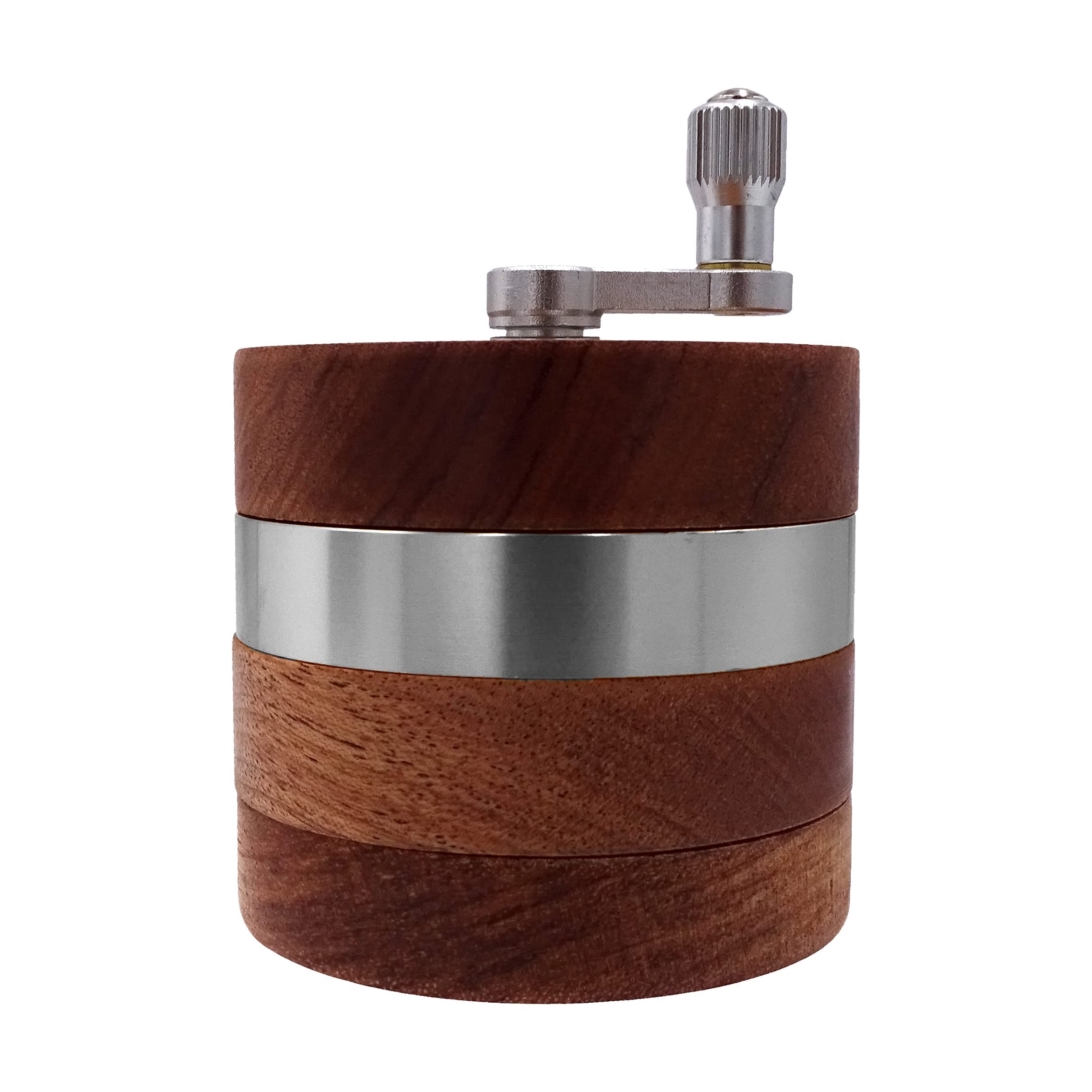 Headchef Woodsman 4 Piece Hand Cranked Clear Top Herb Grinder 62mm - Wooden Outer, Aluminium Internal Spice Grinder with Pollen Scraper and Cleaning Brush, Foldable Handle (Silver)