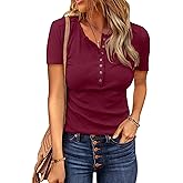 BTFBM Womens Tops 2026 Spring Summer Top Henley V Neck Short Sleeve Button Slim Fit Casual Ribbed Shirts Blouses Outfits