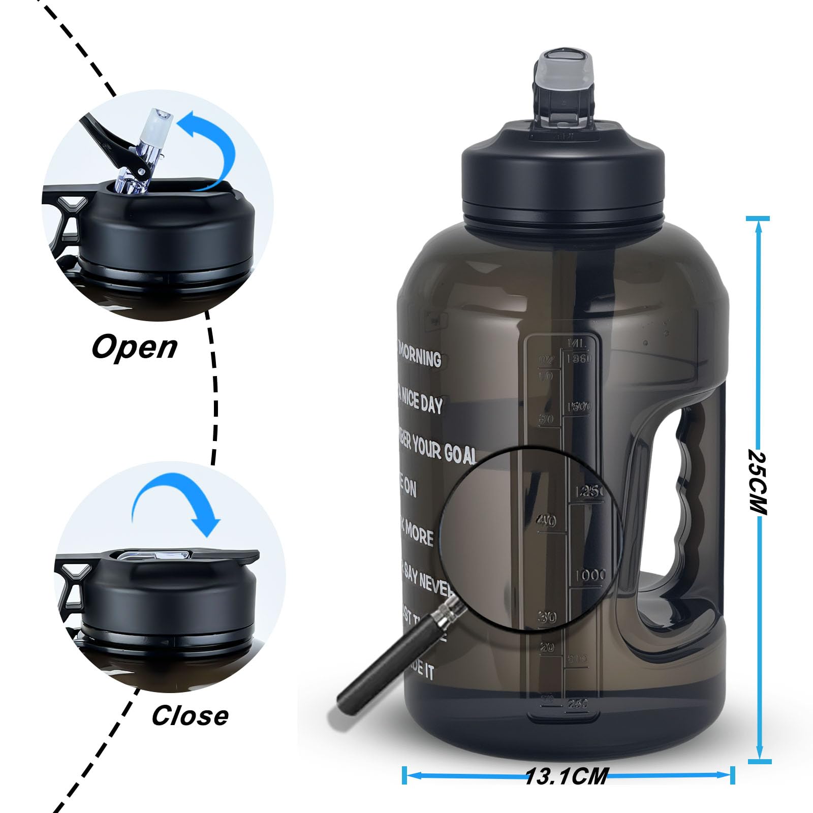 2.2 L Große Motivations-Trinkflasche mit Trinkhalm & Zeitmarkierungen - BPA-frei, auslaufsicher - Täglicher Hydrations-Tracker für Fitnessstudio, Büro, Zuhause & Reisen (Schwarz, 74 oz) (Black) 4