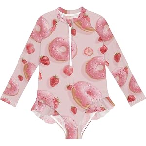 Boccsty Light Pink Donut Strawberry Baby Girls Long Sleeve Rash Guard One Piece Toddler Girl Swimsuits Bathing Suits 3T