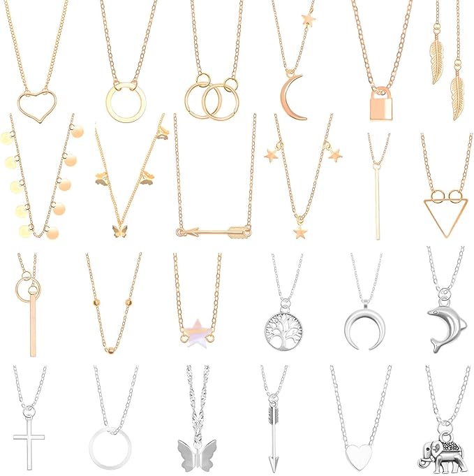 Thrilez Necklaces Set for Women Teen Girls, 24pcs Silver Gold Simple