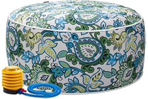Magpie Fabrics Indoor/Outdoor Inflatable Stool Ottoman Pouf, Water Repellent Round Footrest Footstool with Foot Pump D20 xH9, Portable for Patio Garden Travel Camping or Home, Floral Blue Green