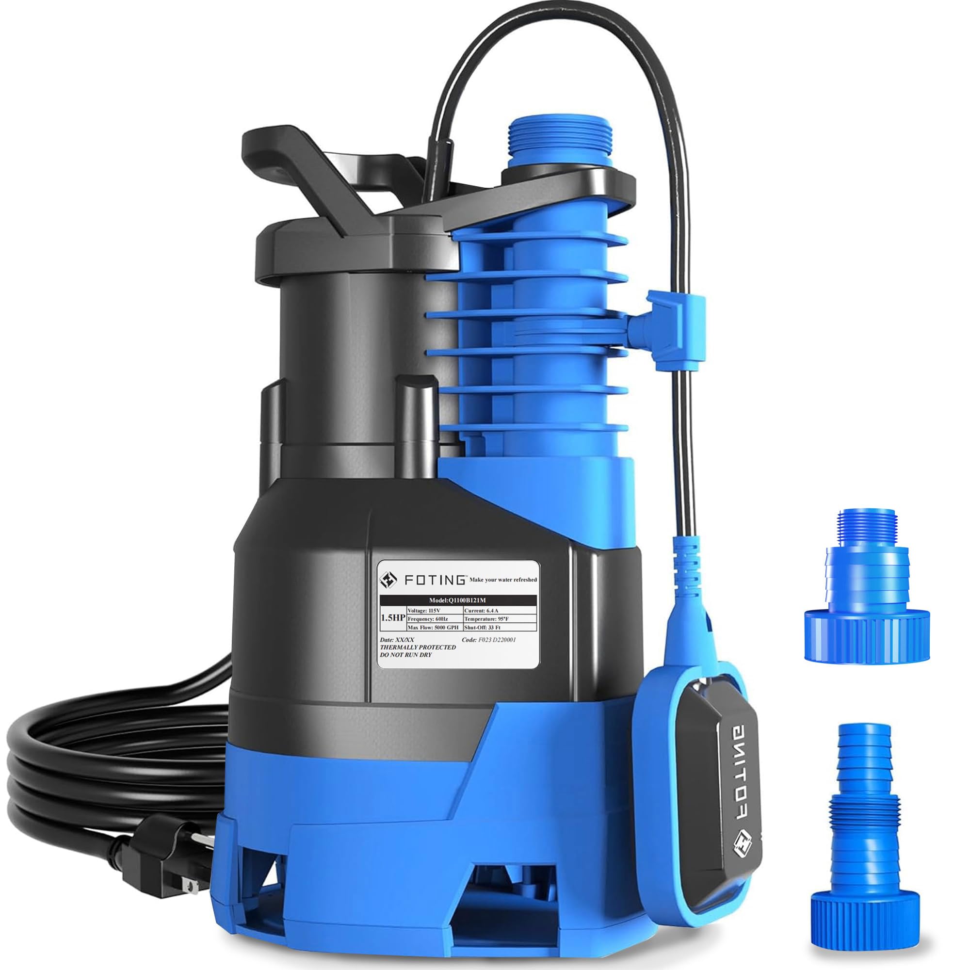 Photo 1 of FOTING 1.5HP Sump Pump Automatic & Maunal Mode,with Float Switch, 5000GPH Big Flow Clean & Dirty Submersible Water Pump, 16FT Electric Utility Pump for Pool Draining Hot Tub Garden Basement