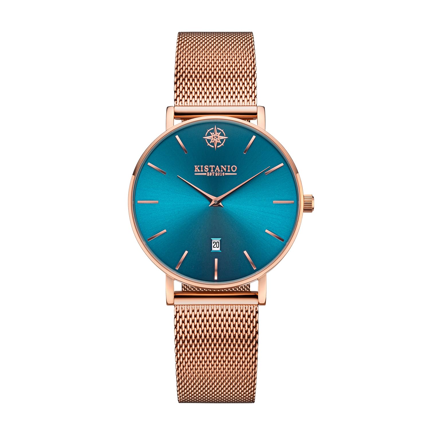 Kistanio Petit Flat Women's Watch with Milanese Strap Sapphire Glass 33 mm Diameter Stainless Steel Date in Various Designs, Rose gold / azure blue, Bracelet