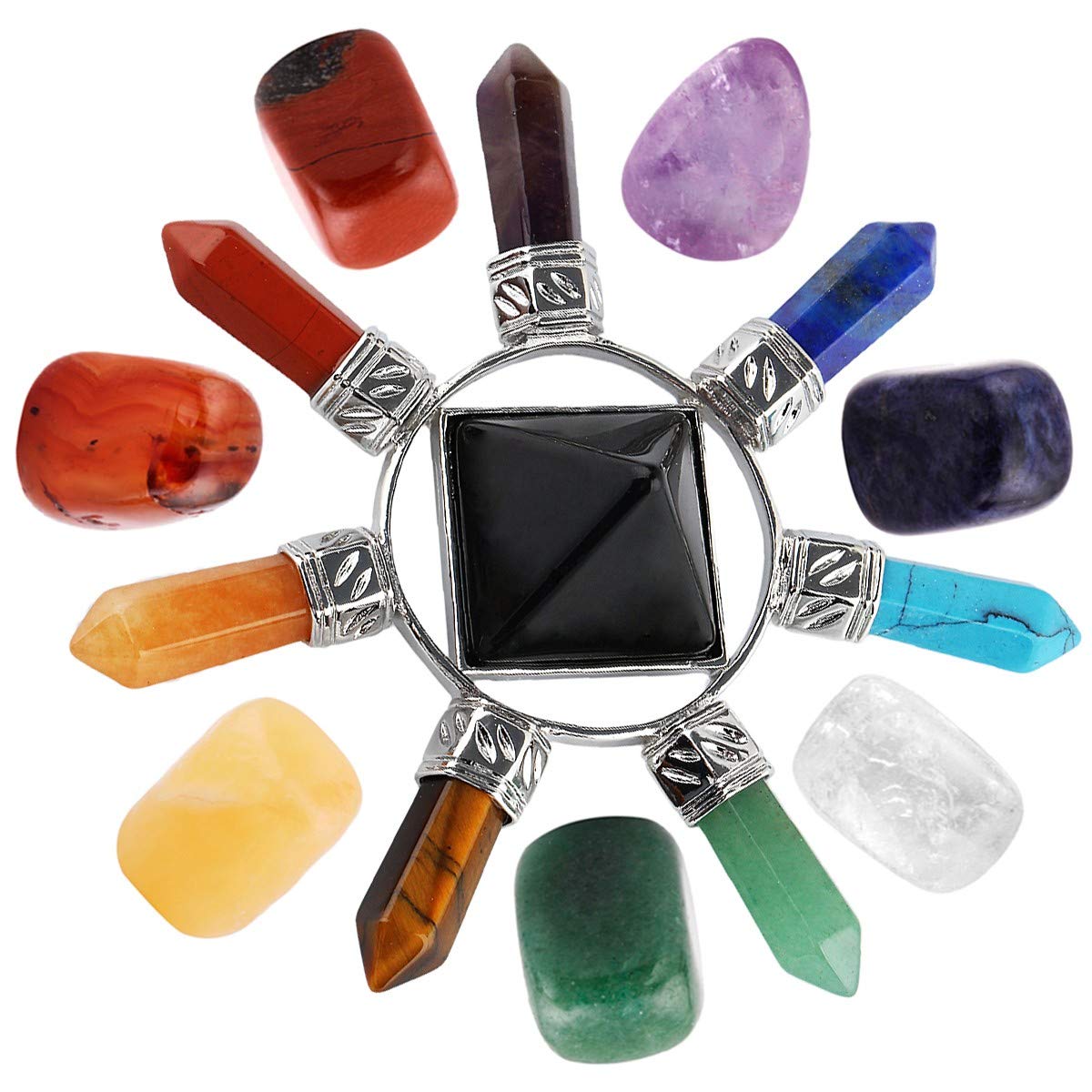 mookaitedecor 7 Chakra Crystals Set,Healing Crystal Polished Tumbled Worry Stones & Black Obsidian Pyramid Energy for Reiki Balancing Meditation Kit