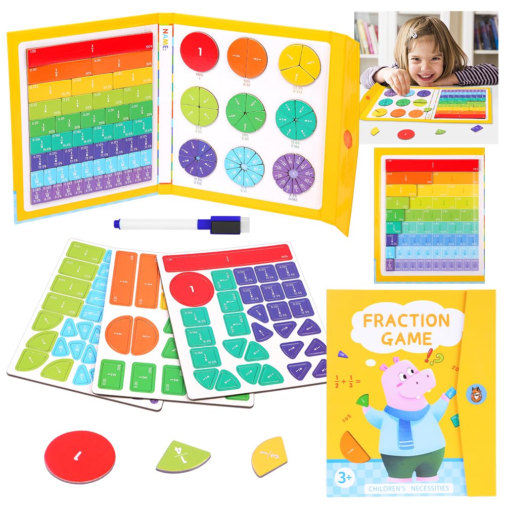 OFFCUP Magnetic Fraction Puzzle for Kids- Educational Math Montessori Fraction Manipulatives Magnetic Fraction Tiles & Fraction Circles Set for Kids Preschool to Elementary School(Hippopotamus)