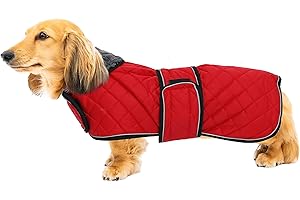 Geyecete Warm Thermal Quilted Dachshund Coat, Dog Winter Coat with Warm Fleece Lining, Outdoor Dog Apparel with Adjustable Bands for Medium, Large Dog-Red-M