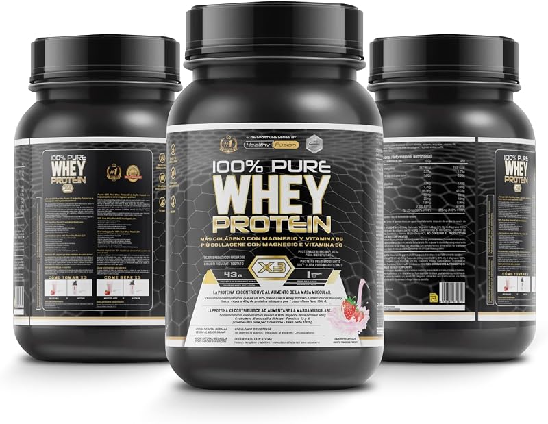 Whey Protein | Proteina Whey pura con Collagene e Magnesio | Migliora i tuoi allenamenti | Protegge e aumenta la massa muscolare | 1000g di proteina (Fragola)