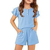 Arshiner Girls Summer Outfits 2 Piece Sets Ruffle Short Sleeve Button Down Shirts and Shorts Set Kids Clothes with Pockets