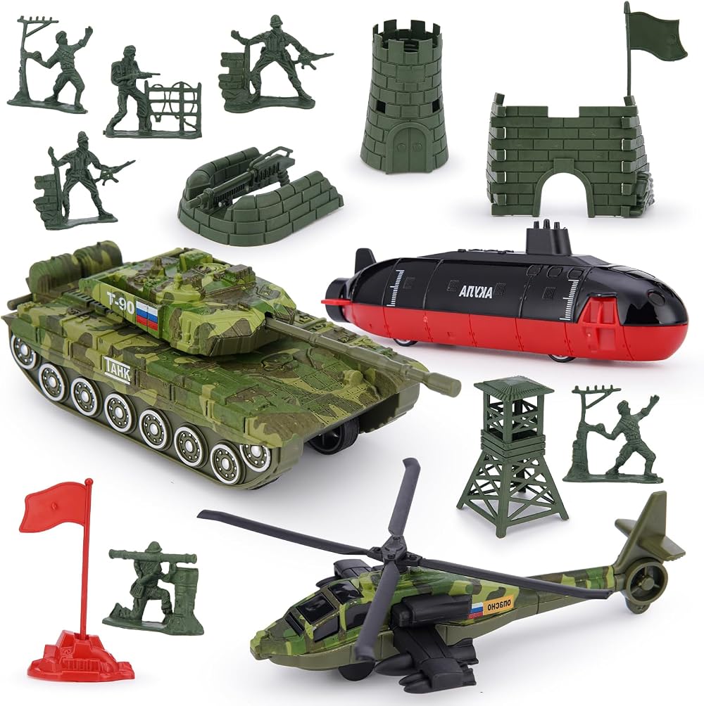 Crelloci Army Toys 18 PCS Submarine Diecast Military Tank Helicopter Playset