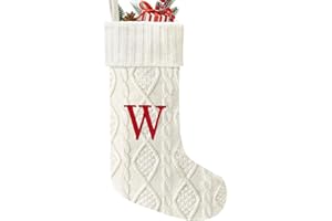 Yoochee 21 Inches Knitted Christmas Stockings with Initials, Large White Custom Monogram Embroidery Christmas Stockings with Letter, Personalized Xmas Decoration for Holiday Family Party-W