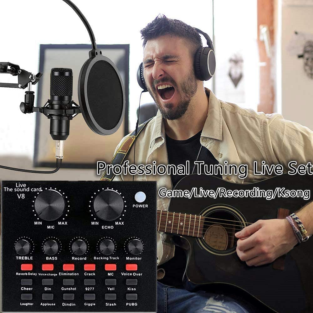 Podcast Equipment Bundle, BM-800 Mic Kit with Live Sound Card, Adjustable Mic Suspension Scissor Arm, Metal Shock Mount and Double-Layer Pop Filter for Studio Recording & Broadcasting (CF200-Black)