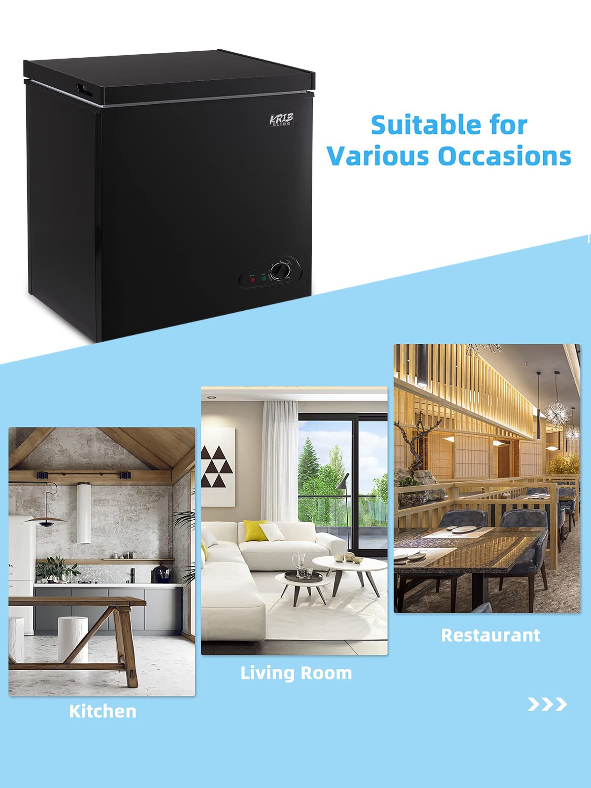 KRIB BLING Chest Freezer 7.0 cu.ft Mini Adjustable 7 Thermostat Compact Deep Freezer Top Door Low Noise with Removable Basket Black