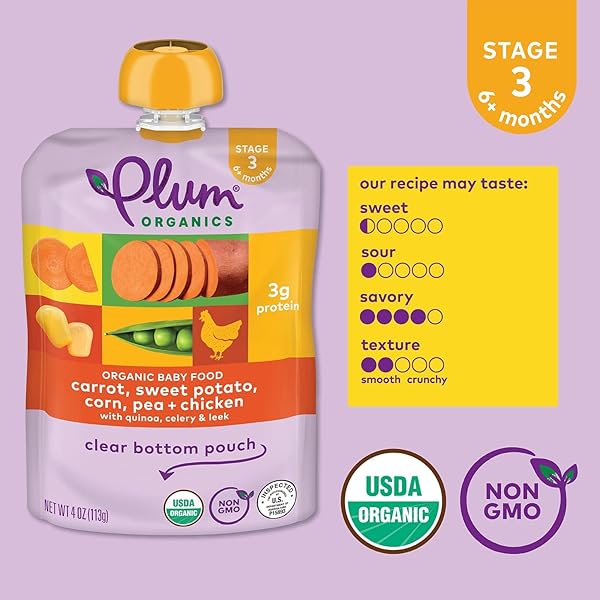 PLUM ORGANICS STAGE 3 ORGANIC BABY FOOD – CARROT, SWEET POTATO, CORN, PEA, AND CHICKEN – 4 OZ POUCH – ORGANIC BABY FOOD POUCH