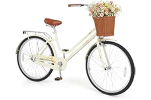 GYMAX Beach Cruiser Bike for Adults, 24/26 Inch Commuter Bicycle for Women w/Rattan Basket, Low Step-Through Frame, Rear Rack