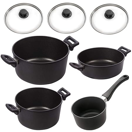 Eurolux Topfset Induktion Aluguss antihaft 7-teilig Kochtöpfe Bratentopf Stieltopf PFOA frei inkl. Deckel Edelstahlrand