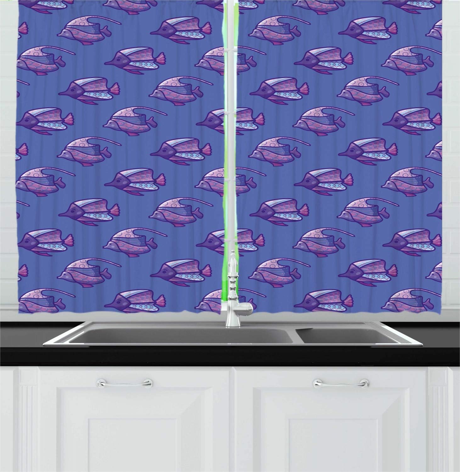 Ambesonne Nautical Kitchen Curtains, Ocean Theme Swimming Fishes Pattern Underwater