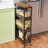 XYZLVSI Slim Storage Cart 4 Tier Narrow Kitchen Rolling Cart on Wheels for Small Space, Mobile Utility Cart Shelving Unit with Wooden Top and Metal Handle for Kitchen, Bathroom, Laundry Room